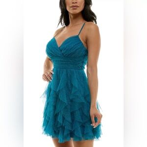 New pear culture Juniors' Teal Glitter-Mesh Petal Fit & Flare Dress